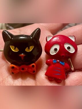 Black Cat and Red Fox Enamel Brooches - Pair